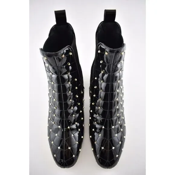 Valentino Rockstud Chelsea Spike Black Patent Stud Heel Short Ankle Bootie 37